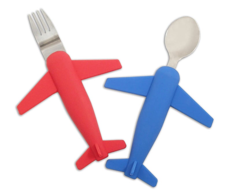 Luso Aviation Kids' Airplane Fork & Spoon Set, Stainless Steel & Silicone - Image 1